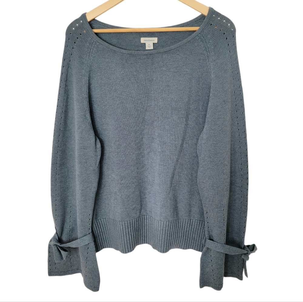 Sundance Aryka Sweater Bell Tie Sleeve Bows Merino Wool Blue Grey Knit P…